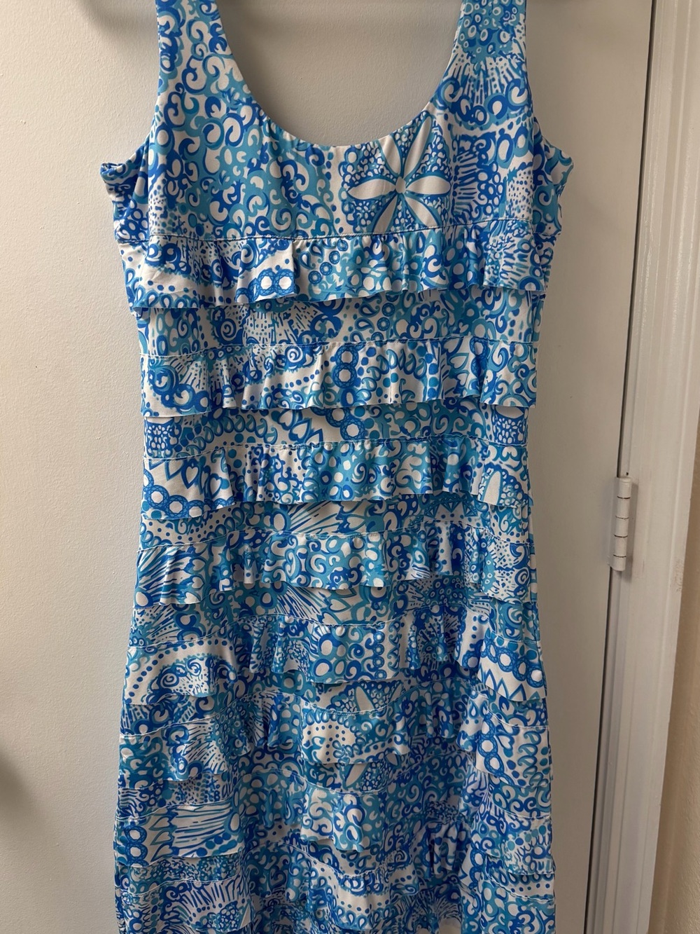 Blue & White Patterned Ruffle Tank Dress - Picture 2 of 3
